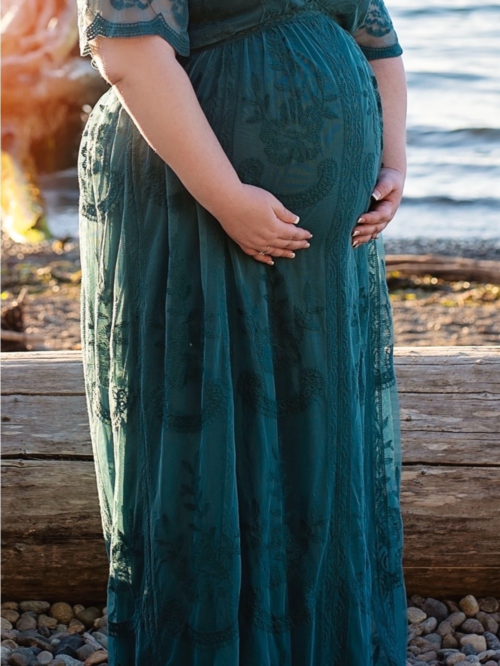 PinkBlush Teal Lace Maxi Dress 2XL Maternity Empire Waist Photoshoot - Picture 12 of 12